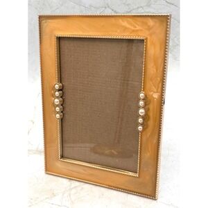 Enamel Embellished Metal Standing Picture Frame 4.5"x 6.5" Pearl Accents Wedding
